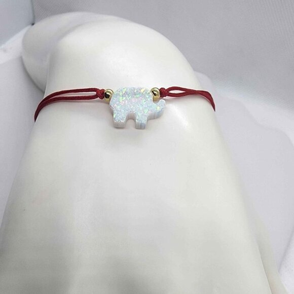 Red String Bracelet with White Fire Opal Elephant Design - Picture 1 of 4